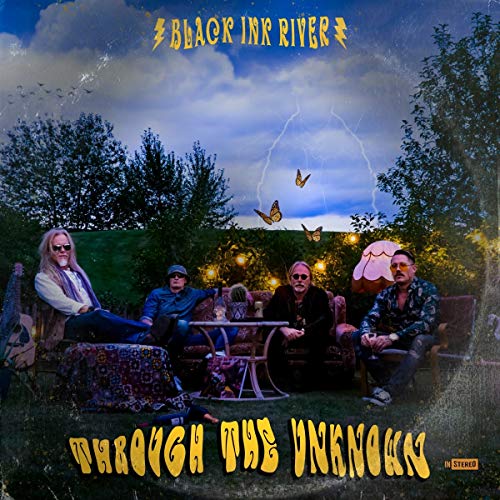 Album cover: "Through The Unknown" by Black Ink River, featuring four men and butterflies.