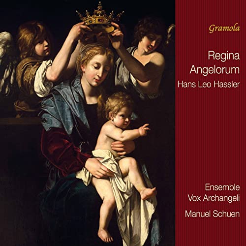 Renaissance painting of Mary and baby Jesus crowned by angels, red background.