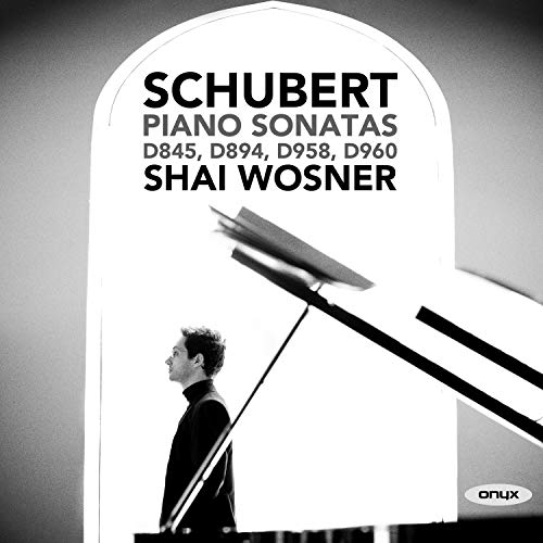 Black and white album cover featuring pianist Shai Wosner and piano keys.