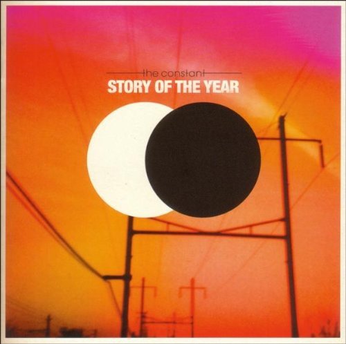 "Album cover with black and white circles on orange background with power lines."
