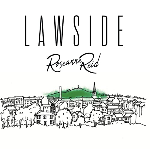 Roseanne Reid’s “Lawside” vinyl cover: sketched cityscape with a green hill.