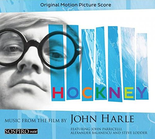 "Album cover with black and white photo, blue stripes, and multicolored title text."