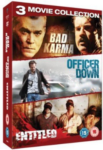 Red DVD case with three movie covers: "Bad Karma", "Officer Down", "The Entitled".