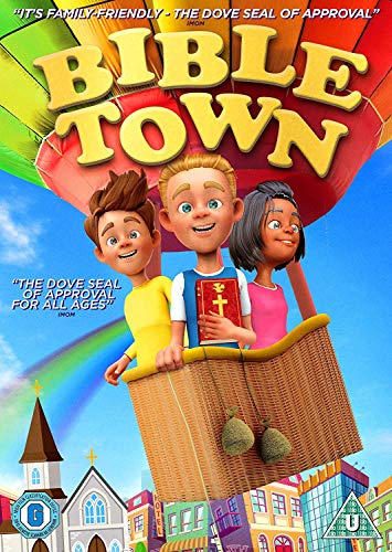 DVD cover for "Bible Town" featuring three animated children in a hot air balloon.
