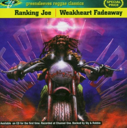 "Album cover with man on motorcycle, purple and red background, yellow banner at top."