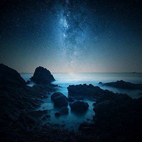 Night seascape with a starry, milky way sky and album title.