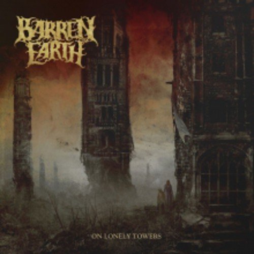 Album cover with 'Barren Earth' in gold lettering, depicting a dark, ruined landscape.