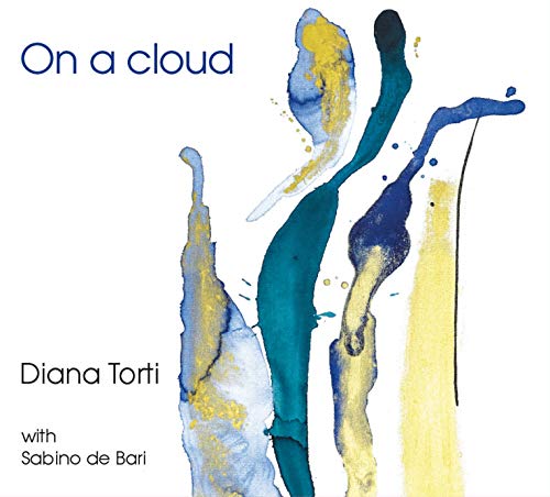 "Album cover with abstract blue, yellow, and green watercolor design on a white background."