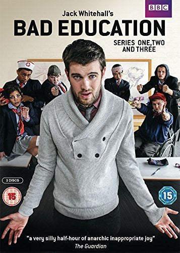 DVD cover for "Bad Education" series 1-3, featuring Jack Whitehall in a classroom.