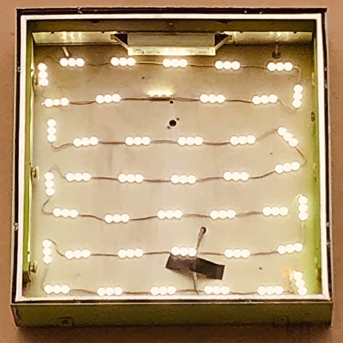 Rectangular light box with rows of small, illuminated white bulbs.
