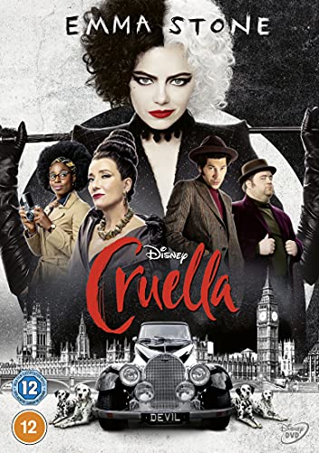 Cruella DVD cover featuring Emma Stone with black and white hair.