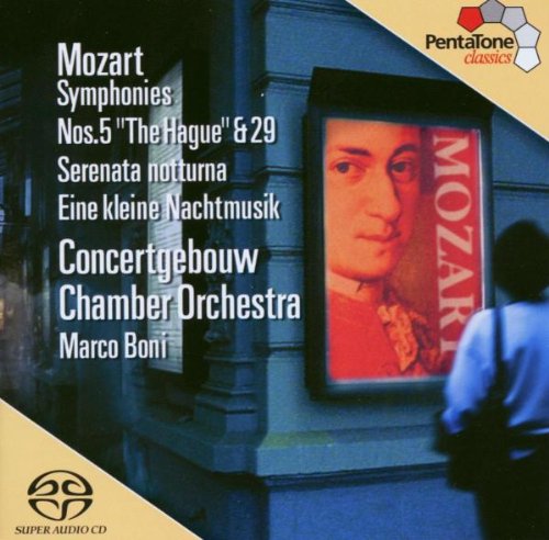 Mozart CD cover with portrait poster and Concertgebouw Chamber Orchestra text.