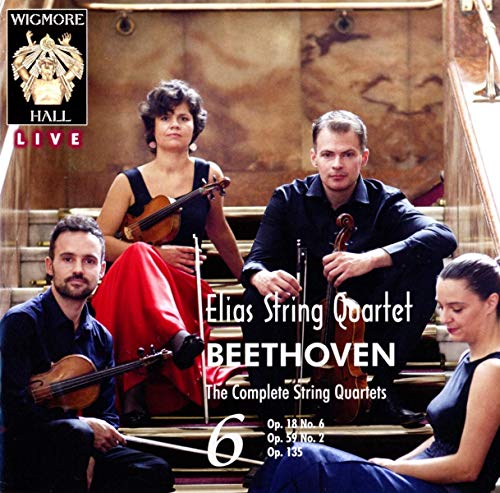 "CD cover featuring the Elias String Quartet on marble stairs, playing string instruments."