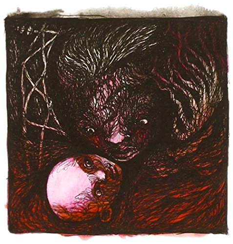 Dark ink drawing of a face with a cracked pink orb below.