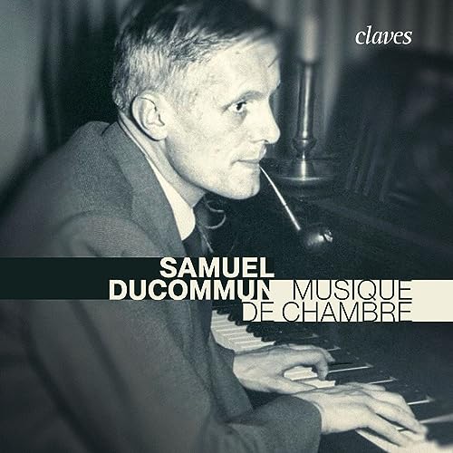 Black and white portrait of Samuel Ducommun at a piano, CD cover.