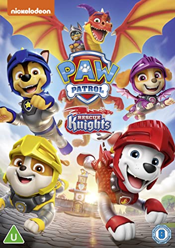 Paw Patrol characters dressed as knights with a dragon, DVD cover.