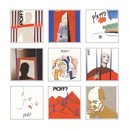 Nine square album covers with abstract designs and the text "P!off?" on a white background.