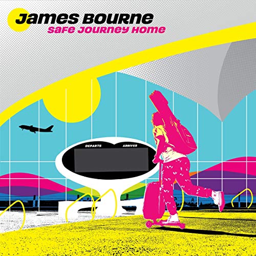 "Album cover art featuring a person skateboarding near an airport arrivals/departures screen."