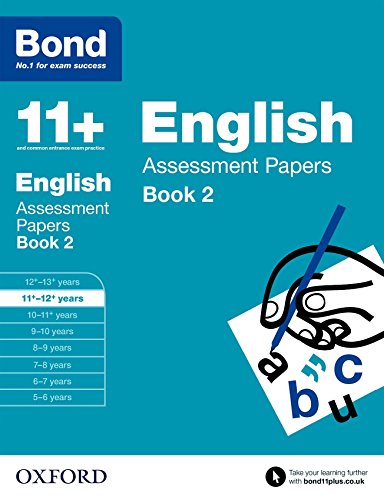 The image is a book cover. Alt text: "Teal book cover with 'Bond 11+ English Assessment Papers Book 2' and alphabet letters."