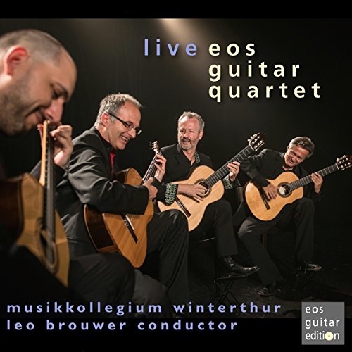 Four guitarists performing live, album cover for Eos Guitar Quartet.