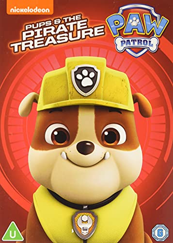 Paw Patrol DVD cover featuring Rubble the bulldog in a yellow hard hat.
