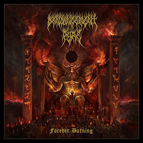 Album cover: demonic figure on throne amidst flames and ruins.