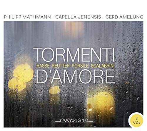 "CD cover with 'Tormenti d'amore' text, rainy window background, and yellow streetlights."