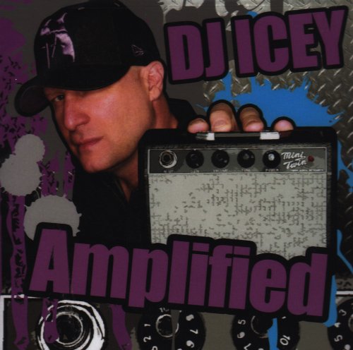"CD cover with man holding amplifier, 'DJ Icey Amplified' text, against a purple and gray background."