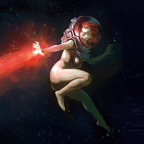 A woman in a space helmet floats in space, emitting a bright red energy beam.