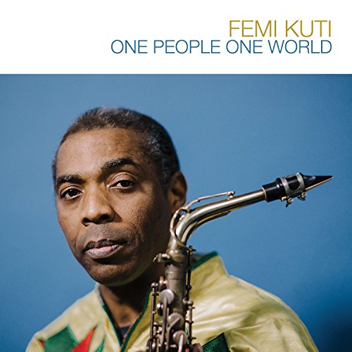 "Femi Kuti album cover featuring a man holding a saxophone against a blue background."