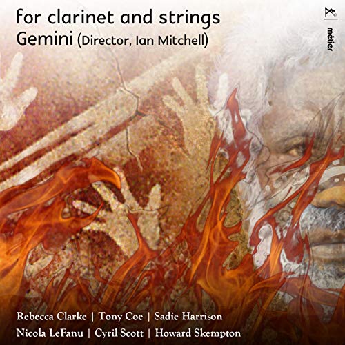 "CD cover featuring abstract artwork with flames and a face, listing composer names."