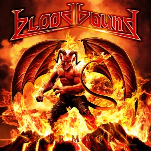 Album cover for Bloodbound's "Stormborn" featuring a demonic figure in flames.