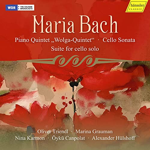 CD cover for Maria Bach's Piano Quintet with red watercolor design.