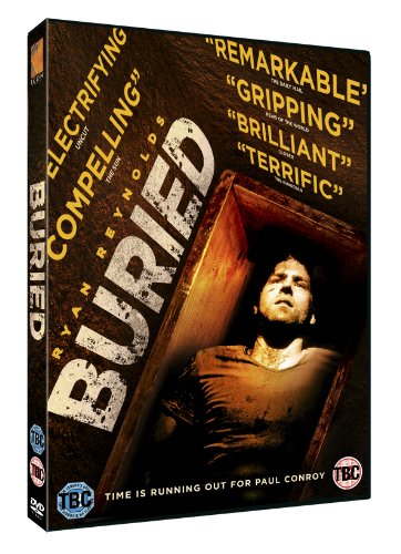 DVD cover for āBuriedā showing a man trapped in a wooden coffin.