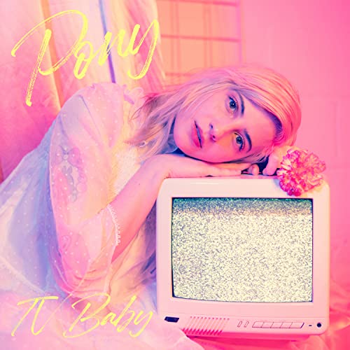 Blonde woman with a vintage television, pink and blue color scheme.