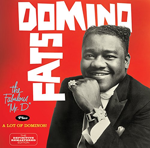 "Fats Domino album cover with black-and-white portrait against a red background."