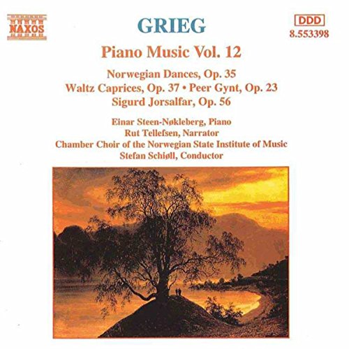 "Album cover with serene landscape painting and text listing Grieg's piano works."