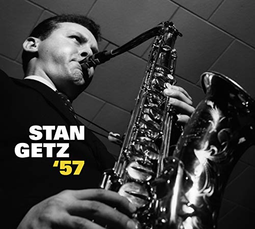 Black and white image of Stan Getz playing saxophone with text overlay.
