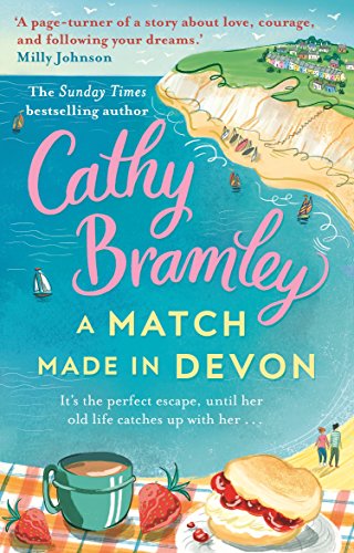 "A book cover featuring a coastal scene, tea, and a scone with strawberries."