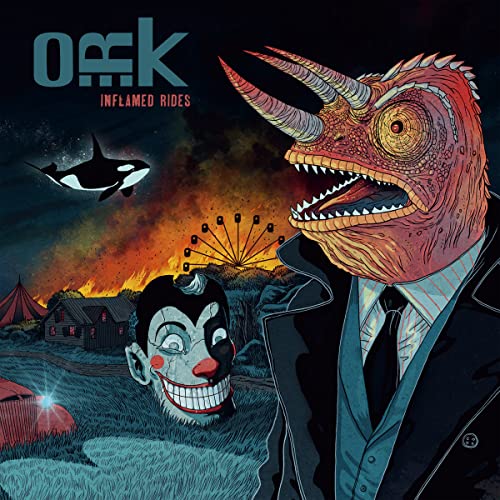 Album cover: lizard-headed man, orca, clown, and burning carnival scene.