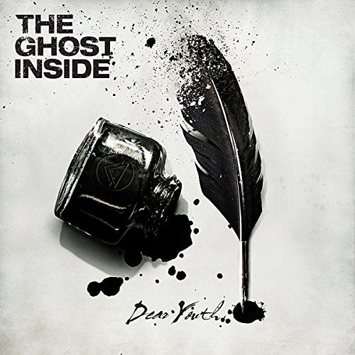 Album cover with black inkwell, feather, and splatters on a white background, "Dear Youth" written.