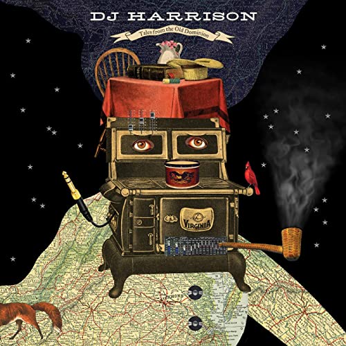DJ Harrison album cover: vintage stove with objects, map, and stars.