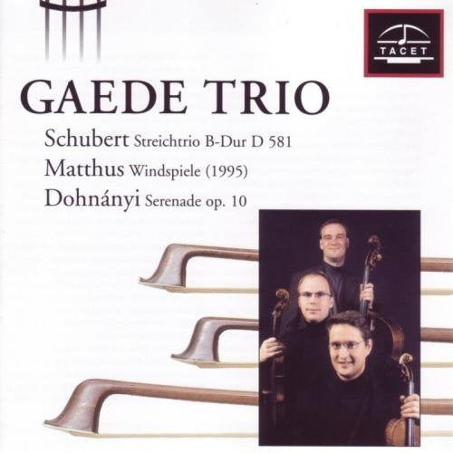 "CD cover with trio photo, violin necks, and text on white background."