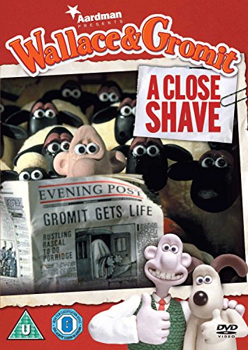 "Red DVD cover featuring Wallace and Gromit with sheep and newspaper headlines."