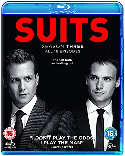 "Blu-ray case for 'Suits Season 3' with two men in suits on black background."