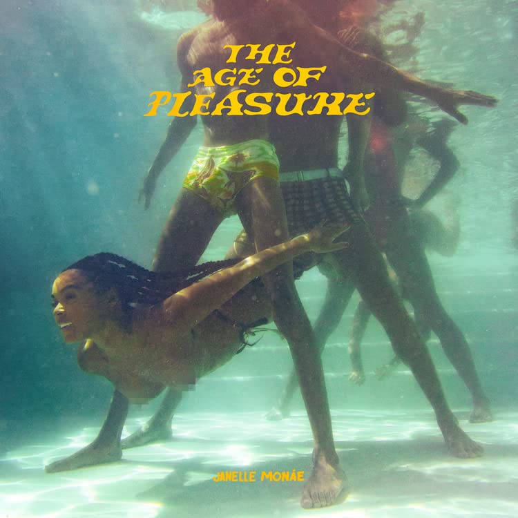 Janelle Monáe submerged in water, album cover for "The Age of Pleasure.