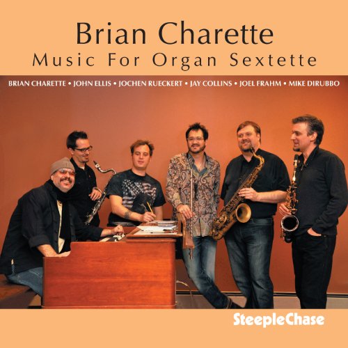 "CD cover featuring six musicians with instruments, orange background, and 'SteepleChase' logo."