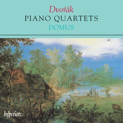 "CD cover with serene landscape painting and 'Dvorak Piano Quartets' text on mint green background."