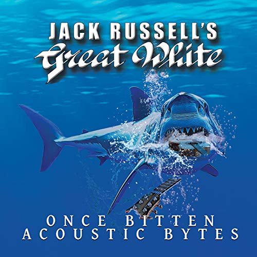 "Album cover featuring a shark biting a guitar underwater with white text."