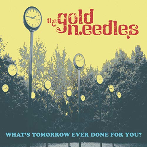 Album cover for The Gold Needles, featuring clocks and trees in yellow tones.